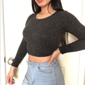 Charcoal Grey Long Sleeves Crop Top